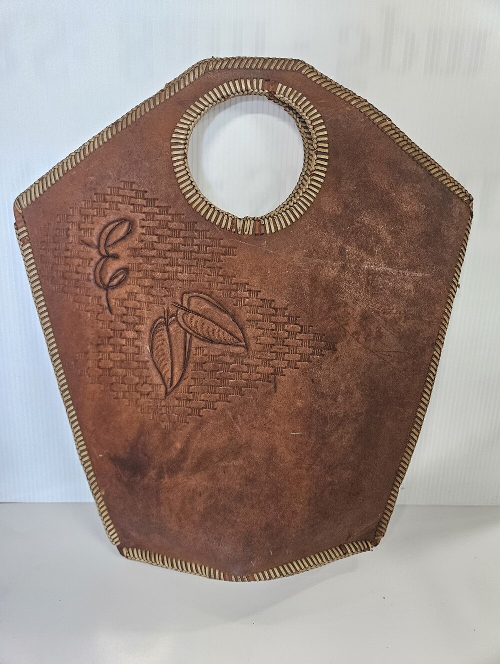 Vintage Rust Brown Leather Tote with Hand-Tooled Detail